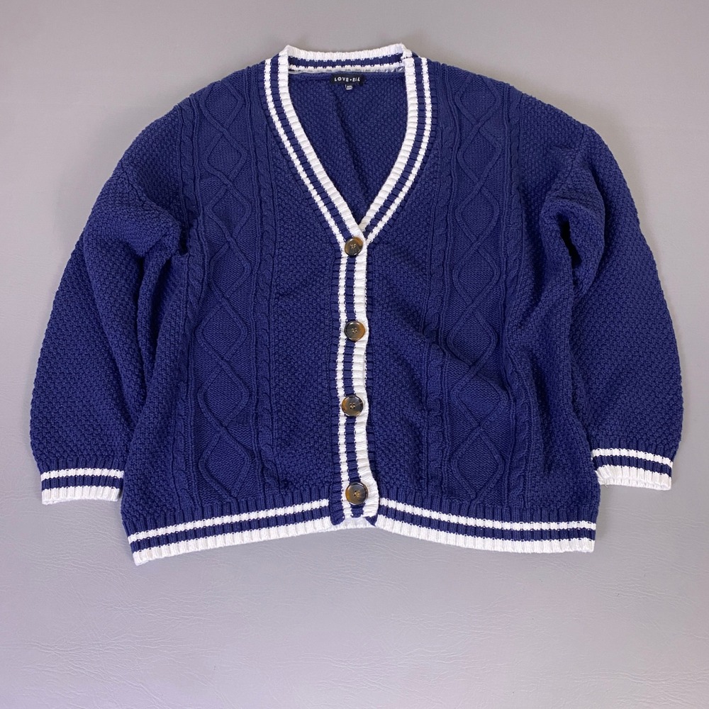Love Elle Varsity Cardigan Women's XXL Navy Blue Cable‎ Knit Tennis Striped Trim